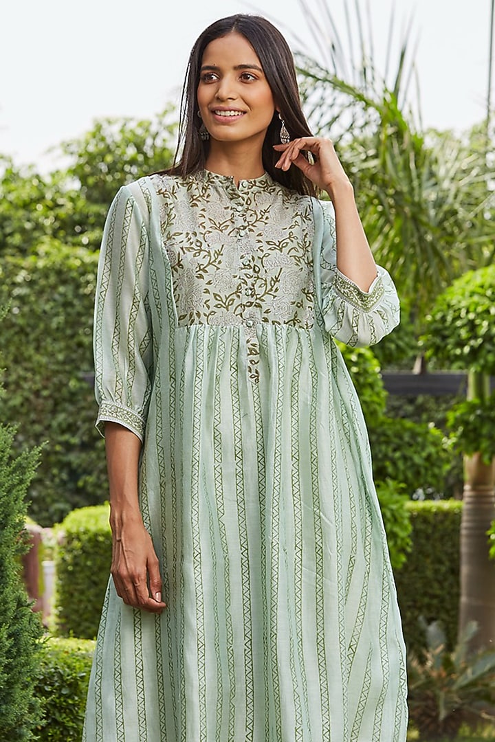 Olive Green Mercerised Chanderi Hand Block Printed Summer Dress by PTRAANI at Pernia's Pop Up Shop