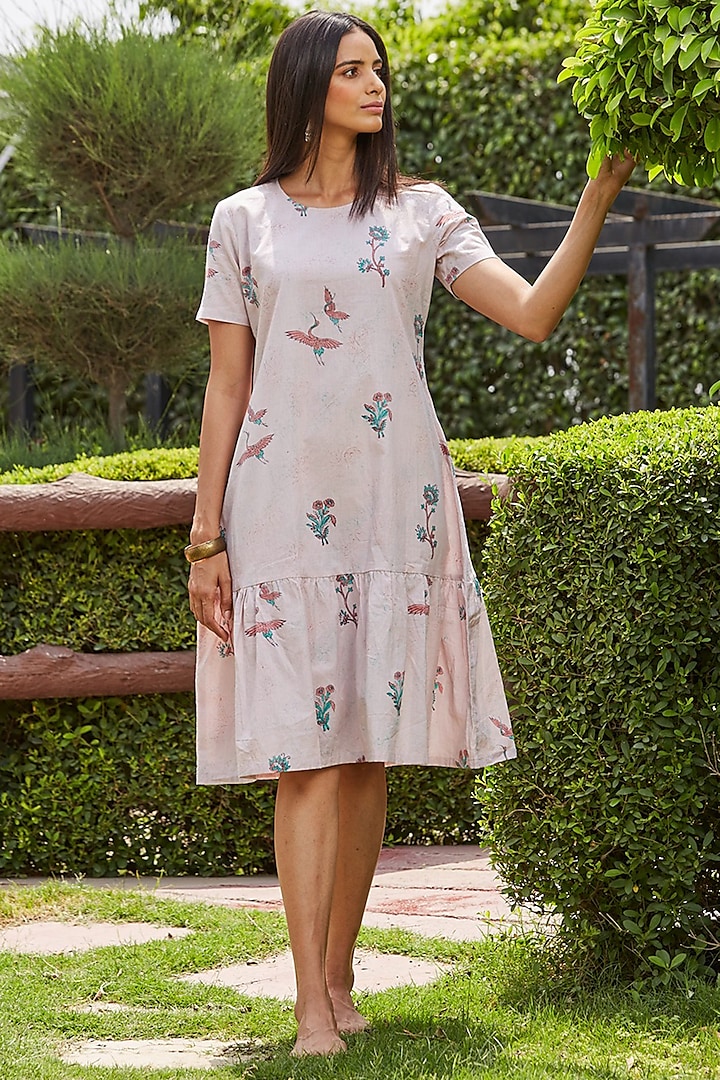 Pink Fine Cotton Hand Block Printed Dress by PTRAANI