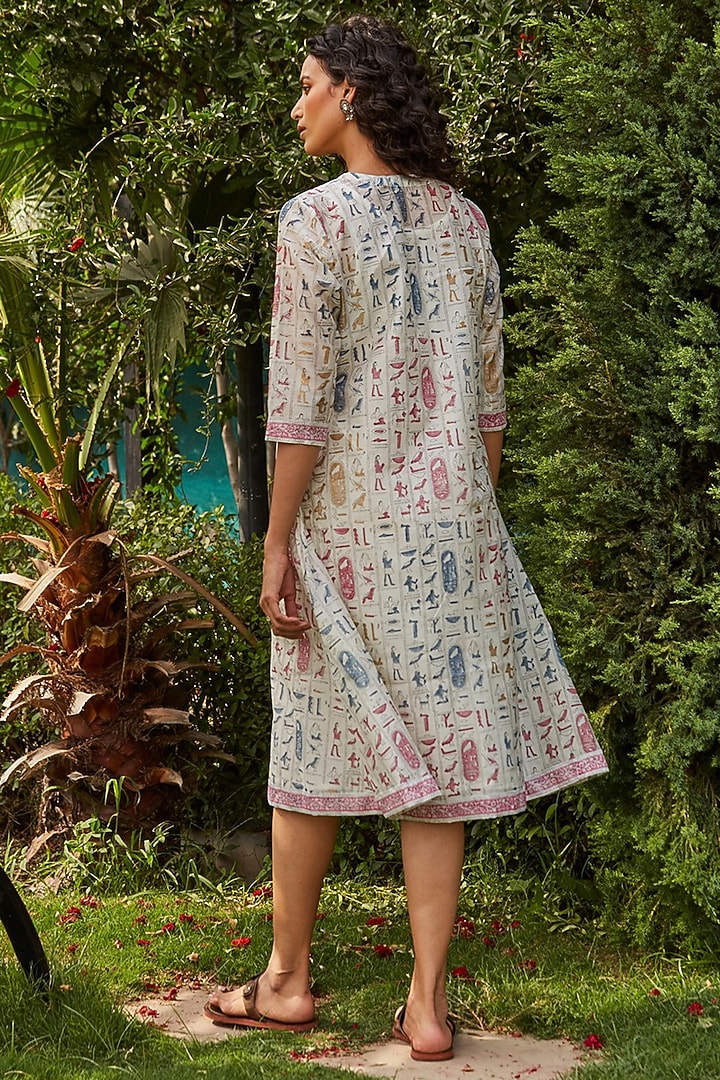 Off-White Chanderi Silk Hand Block Printed Summer Dress by PTRAANI at Pernia's Pop Up Shop