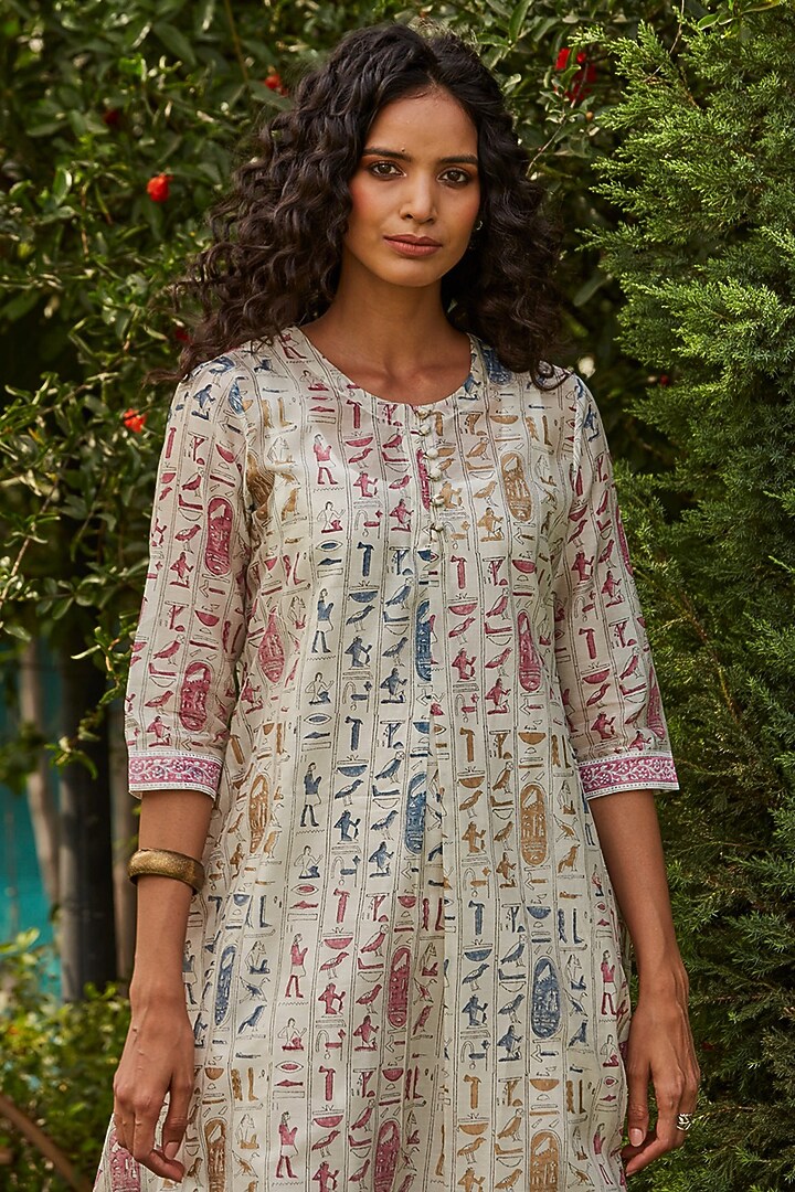 Off-White Chanderi Silk Hand Block Printed Summer Dress by PTRAANI at Pernia's Pop Up Shop