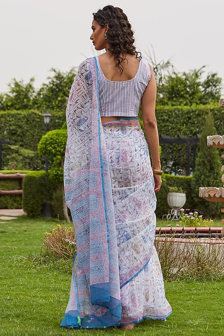 White Kota Hand Block Printed Saree Set by PTRAANI at Pernia's Pop Up Shop