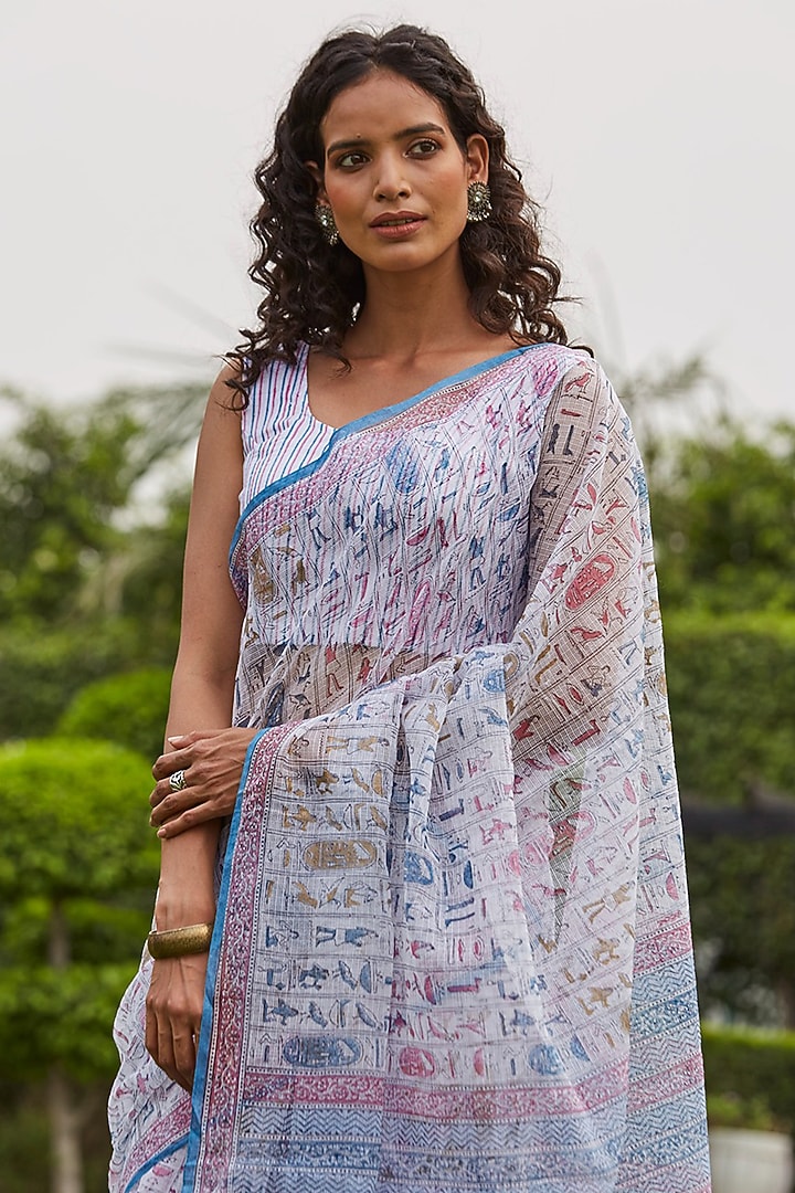 White Kota Hand Block Printed Saree Set by PTRAANI at Pernia's Pop Up Shop