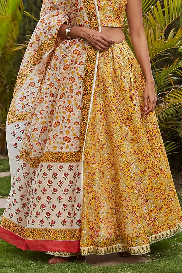 Yellow Chanderi Silk Hand Block Printed Lehenga Set by PTRAANI at Pernia's Pop Up Shop