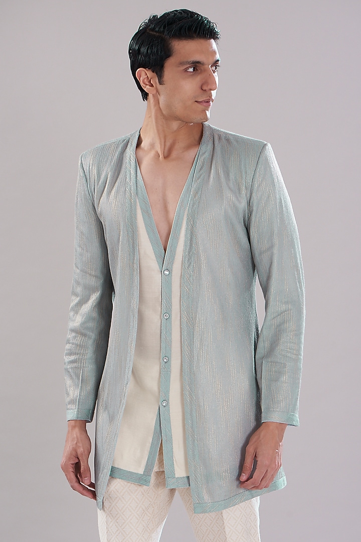 Grey Weave Cotton Wedding Indowestern Set by PUNEET KAPOOR LABEL at Pernia's Pop Up Shop