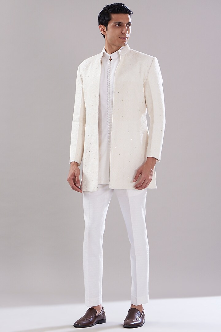White Texture Cotton Imported Wedding Indowestern Set by PUNEET KAPOOR LABEL at Pernia's Pop Up Shop