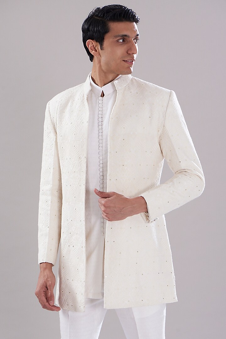 White Texture Cotton Imported Wedding Indowestern Set by PUNEET KAPOOR LABEL at Pernia's Pop Up Shop