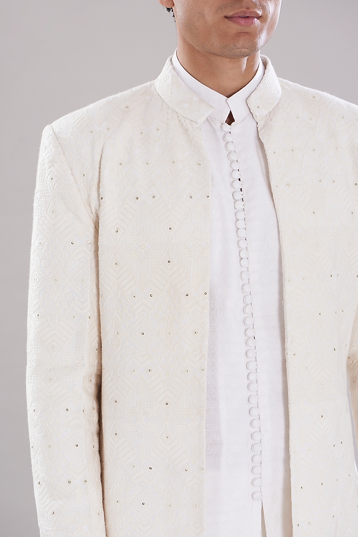 White Texture Cotton Imported Wedding Indowestern Set by PUNEET KAPOOR LABEL at Pernia's Pop Up Shop
