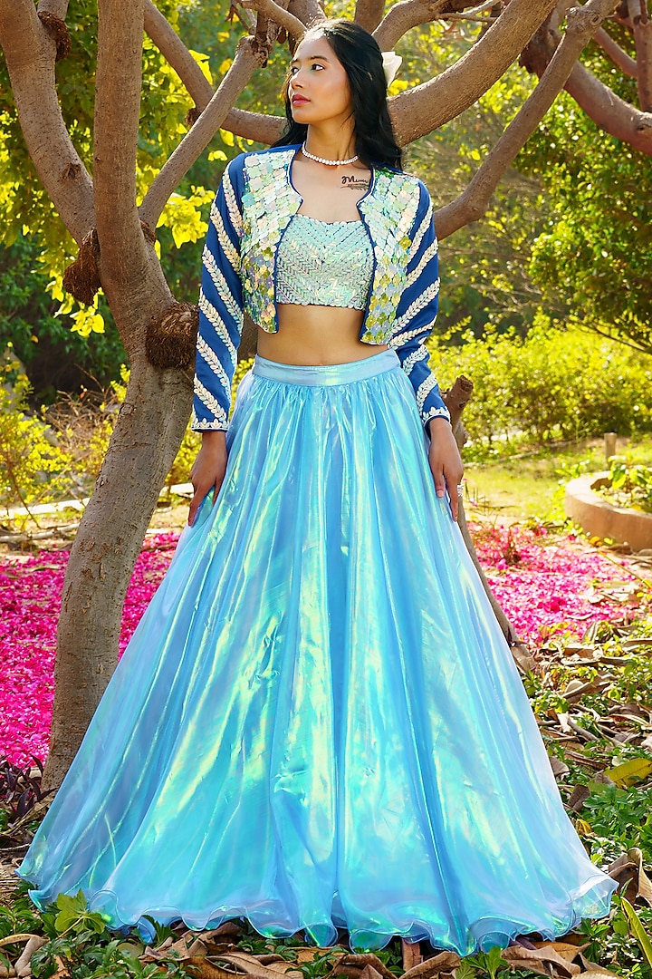Blue Organza Acrylic Hand Embroidered Jacket Wedding Lehenga Set