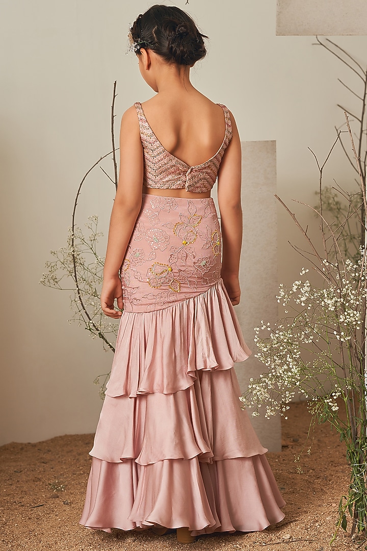 Champagne Pink Modal Satin Embroidered Skirt Set For Girls by Potloo by Merge at Pernia's Pop Up Shop