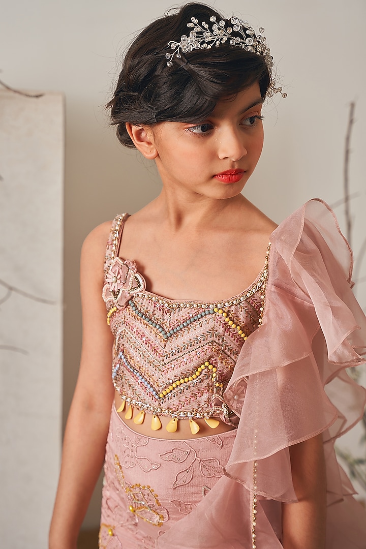 Champagne Pink Modal Satin Embroidered Skirt Set For Girls by Potloo by Merge at Pernia's Pop Up Shop