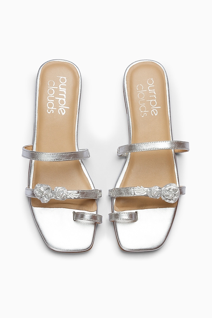 Silver Embroidered Shoes With Toe Ring Straps by PURRPLE CLOUDS