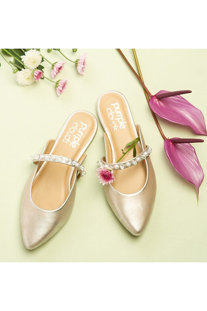Gold Mules With Embellishments by PURRPLE CLOUDS at Pernia's Pop Up Shop