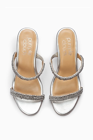 Silver Block Heels With French Knots Embroidery by PURRPLE CLOUDS