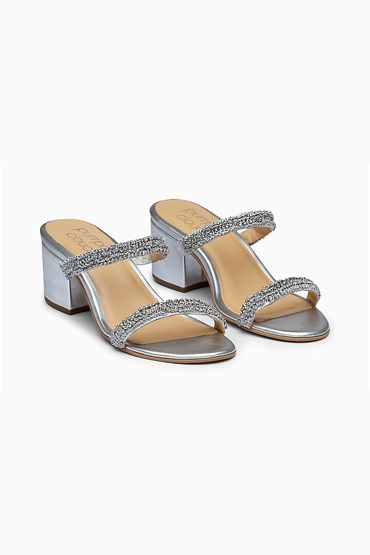 Silver Block Heels With French Knots Embroidery by PURRPLE CLOUDS at Pernia's Pop Up Shop