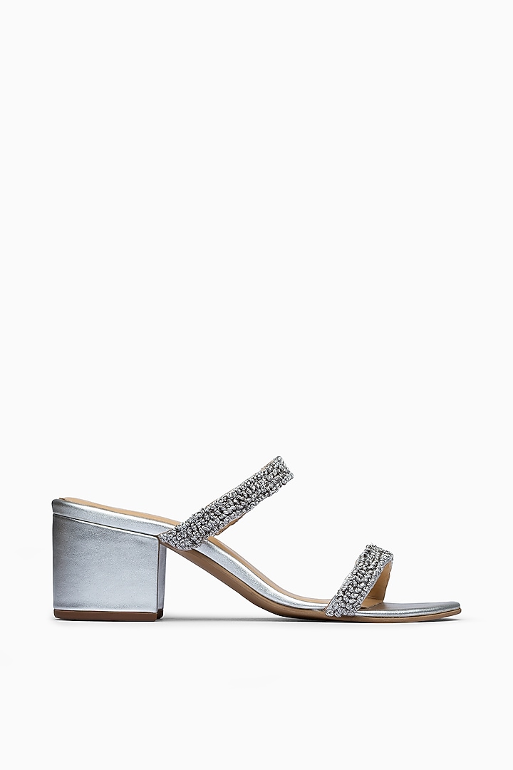 Silver Block Heels With French Knots Embroidery by PURRPLE CLOUDS at Pernia's Pop Up Shop