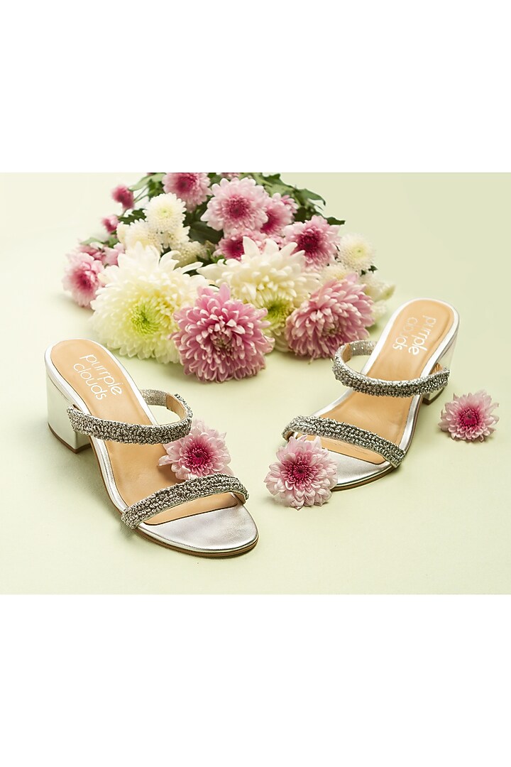 Silver Block Heels With French Knots Embroidery by PURRPLE CLOUDS at Pernia's Pop Up Shop
