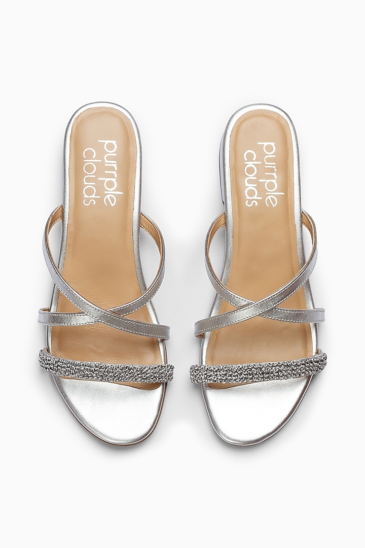 Silver Embroidered Sandals With Block Heels by PURRPLE CLOUDS