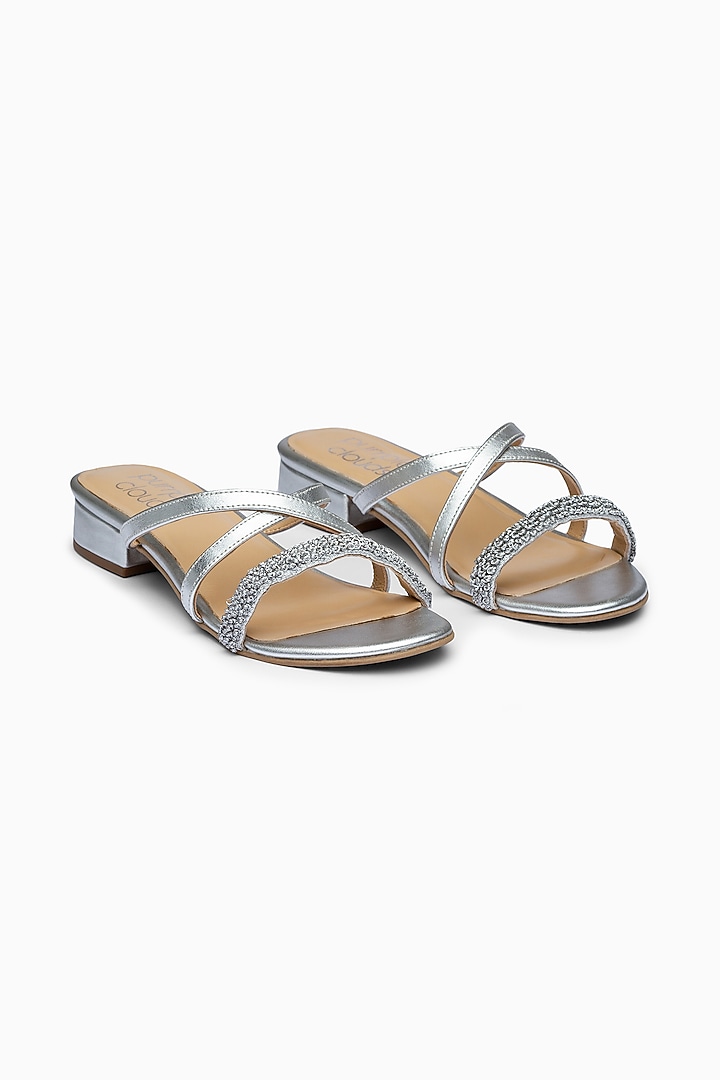 Silver Embroidered Sandals With Block Heels by PURRPLE CLOUDS at Pernia's Pop Up Shop