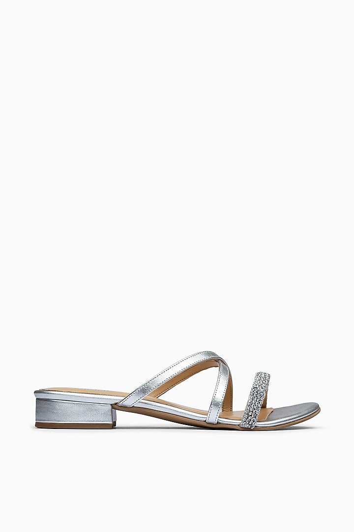 Silver Embroidered Sandals With Block Heels by PURRPLE CLOUDS at Pernia's Pop Up Shop
