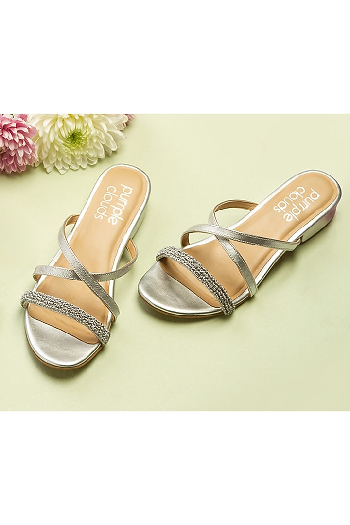 Silver Embroidered Sandals With Block Heels by PURRPLE CLOUDS at Pernia's Pop Up Shop