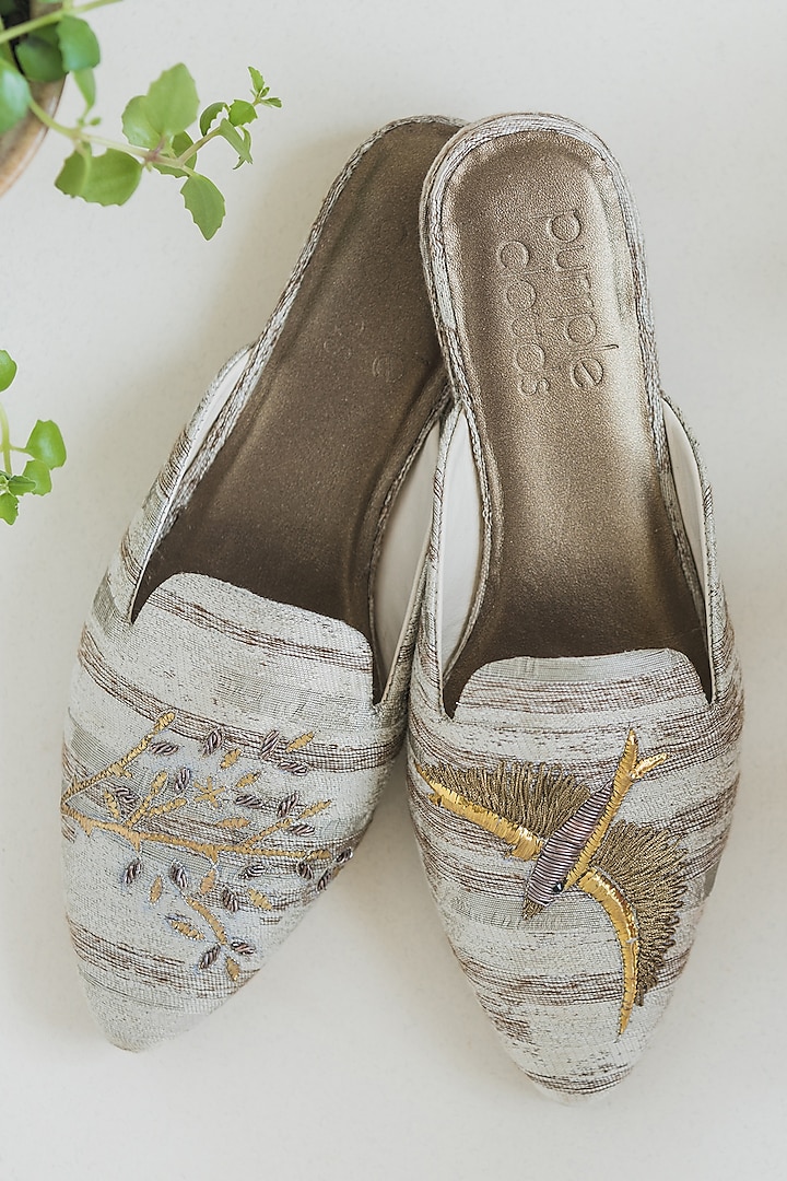 Gold Hand Embroidered Mules by PURRPLE CLOUDS