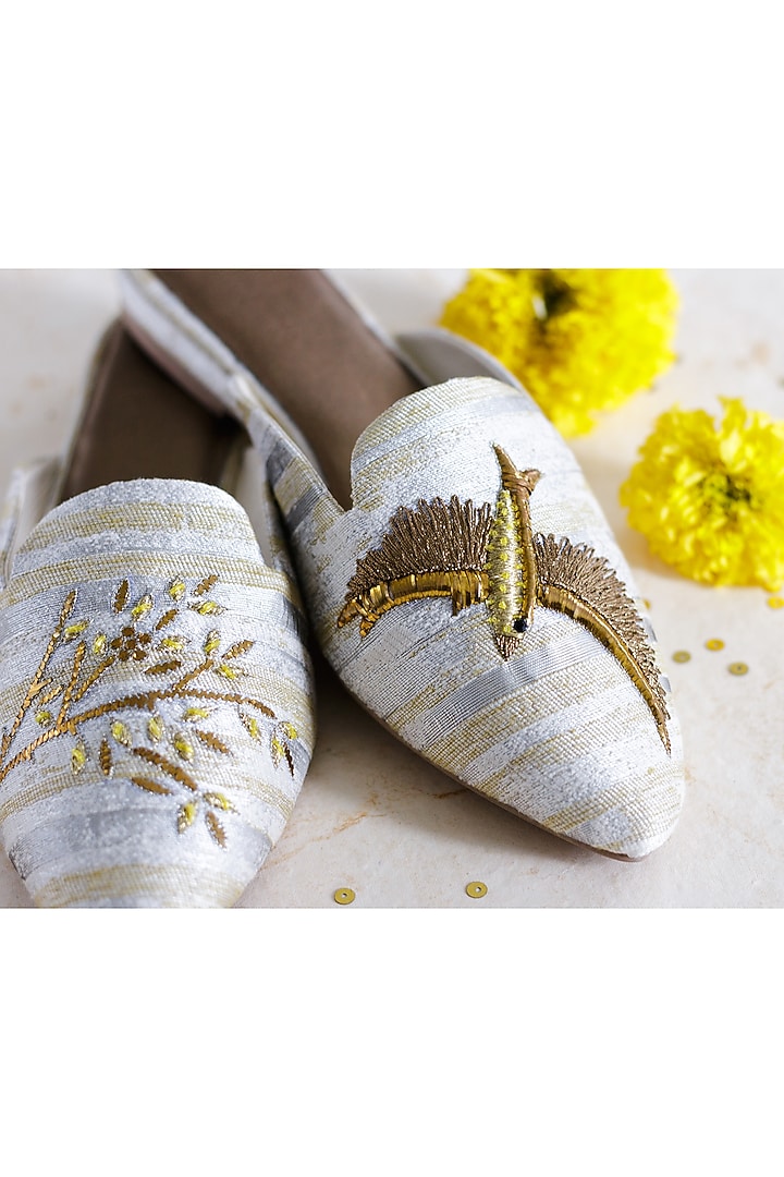 Yellow Hand Embroidered Mules by PURRPLE CLOUDS at Pernia's Pop Up Shop