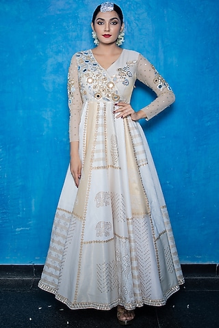 White & Gold Organza Tissue Anarkali by Purva Couture