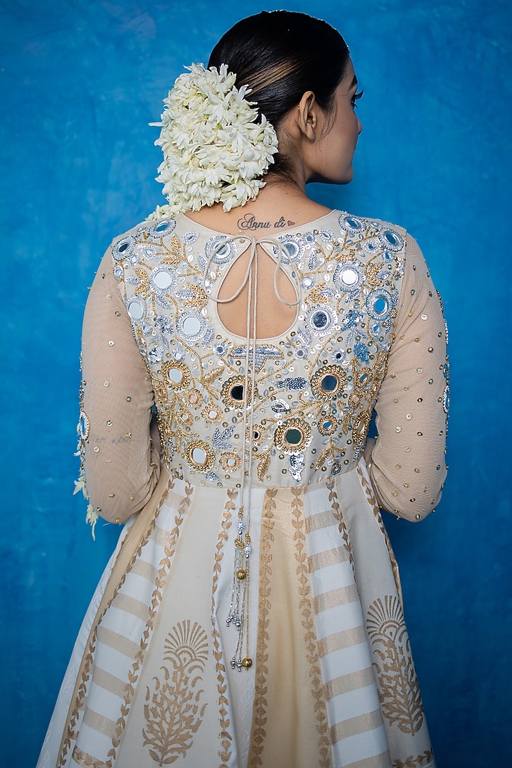White & Gold Organza Tissue Wedding Anarkali by Purva Couture at Pernia's Pop Up Shop