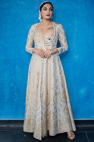 White & Gold Pure Organza Tissue Anarkali by Purva Couture
