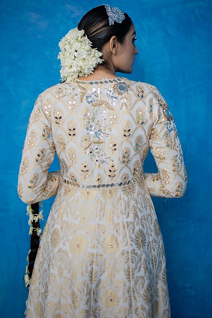 White & Gold Pure Organza Tissue Wedding Anarkali by Purva Couture at Pernia's Pop Up Shop