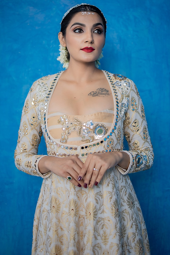 White & Gold Pure Organza Tissue Wedding Anarkali by Purva Couture at Pernia's Pop Up Shop