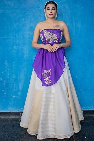 White & Gold Skirt Set in Organza Tissue by Purva Couture