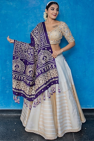 White & Gold Pure Organza Tissue Lehenga Set by Purva Couture