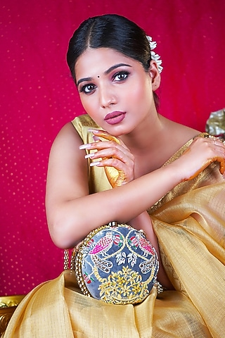 Grey Suede Velvet Crystal Embroidered Clutch by Puneet Gupta