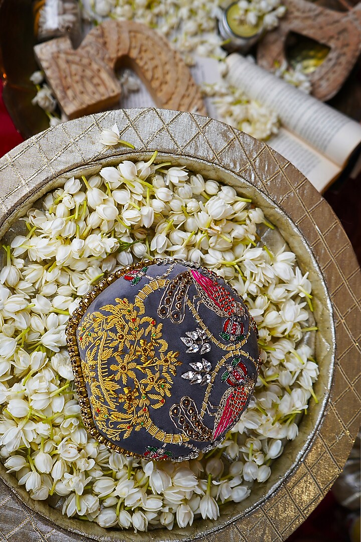Grey Suede Velvet Crystal Embroidered Clutch by Puneet Gupta at Pernia's Pop Up Shop