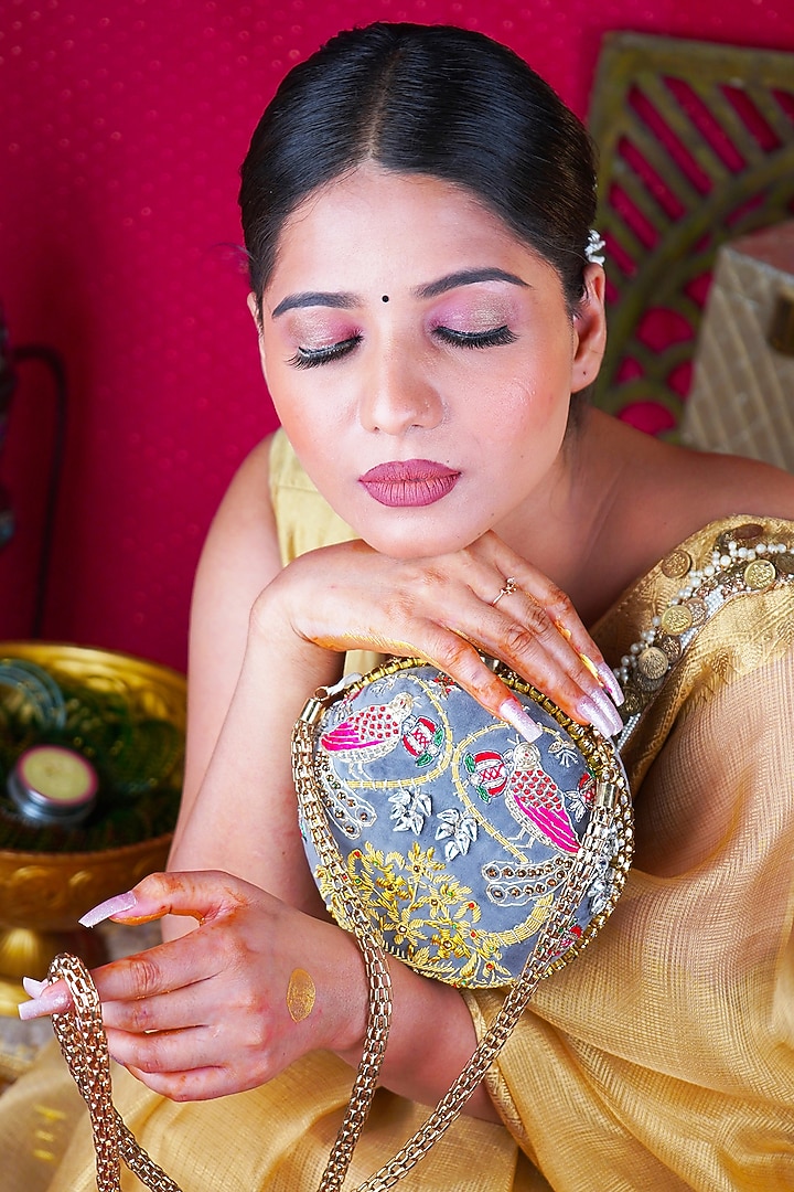 Grey Suede Velvet Crystal Embroidered Clutch by Puneet Gupta at Pernia's Pop Up Shop