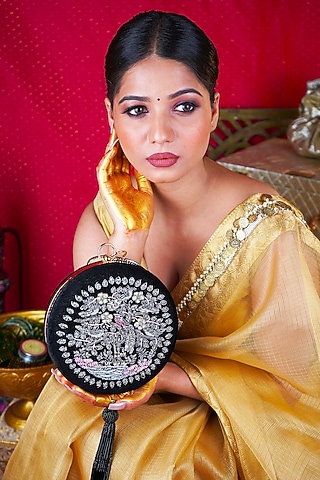 Black Suede Velvet Hand Embroidered Clutch by Puneet Gupta