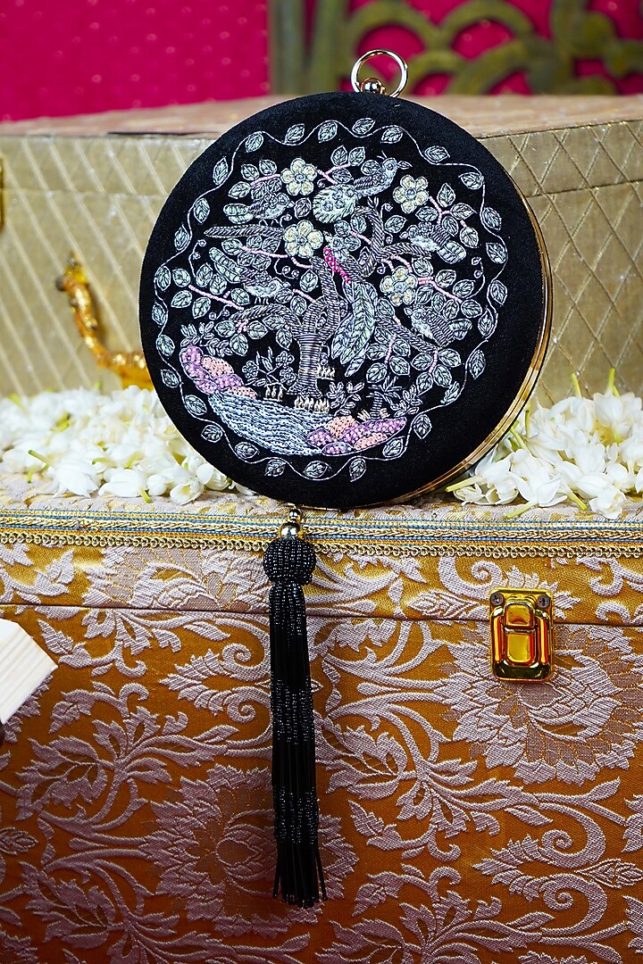 Black Suede Velvet Hand Embroidered Clutch by Puneet Gupta at Pernia's Pop Up Shop