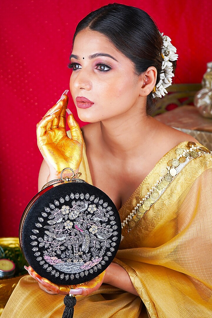 Black Suede Velvet Hand Embroidered Clutch by Puneet Gupta at Pernia's Pop Up Shop