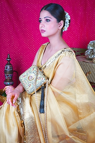 Multi-Colored Silk Zari Hand Embroidered & Printed Clutch by Puneet Gupta