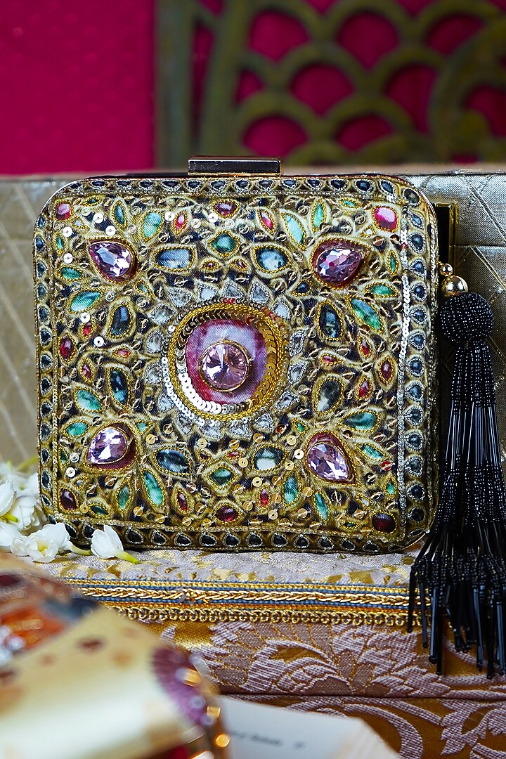 Multi-Colored Silk Zari Hand Embroidered & Printed Clutch by Puneet Gupta at Pernia's Pop Up Shop