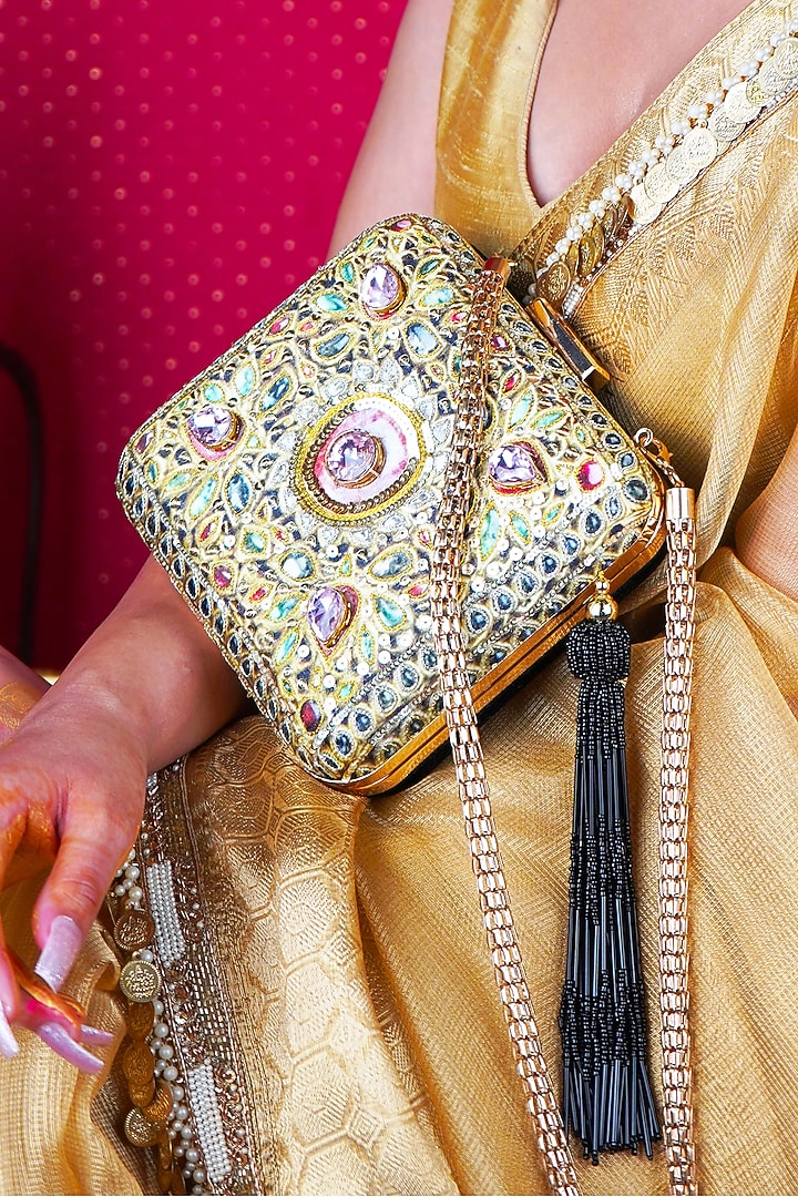 Multi-Colored Silk Zari Hand Embroidered & Printed Clutch by Puneet Gupta at Pernia's Pop Up Shop