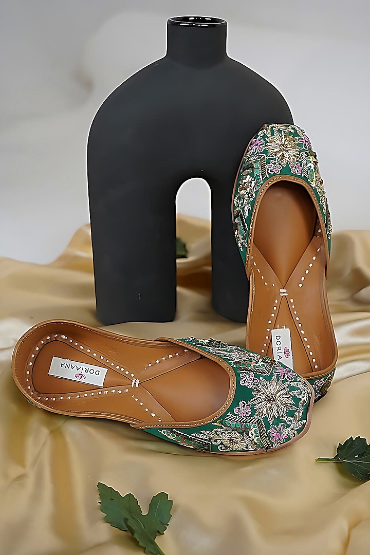 Green Leather Embroidered Juttis by Doriaana