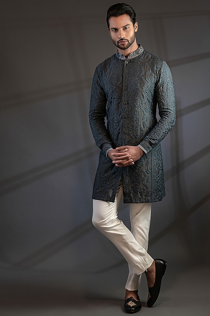 Dark Grey Cotton Silk Embroidered Bundi Jacket Set by Punit Arora at Pernia's Pop Up Shop