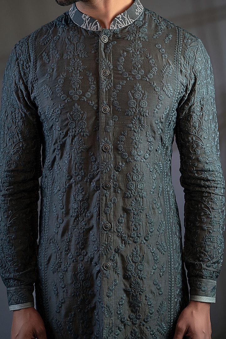 Dark Grey Cotton Silk Embroidered Bundi Jacket Set by Punit Arora at Pernia's Pop Up Shop