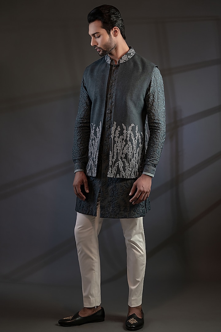 Dark Grey Cotton Silk Embroidered Bundi Jacket Set by Punit Arora at Pernia's Pop Up Shop