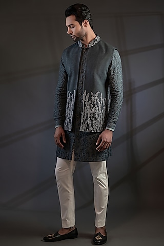 Dark Grey Cotton Silk Embroidered Bundi Jacket Set by Punit Arora