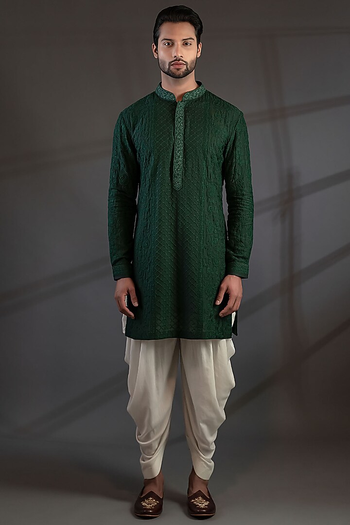 Bottle Green Matka Silk Embroidered Wedding Indowestern Set by Punit Arora at Pernia's Pop Up Shop