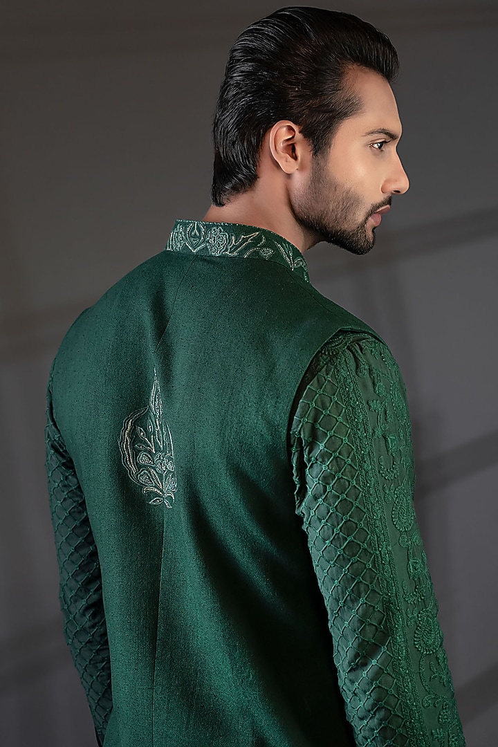 Bottle Green Matka Silk Embroidered Wedding Indowestern Set by Punit Arora at Pernia's Pop Up Shop