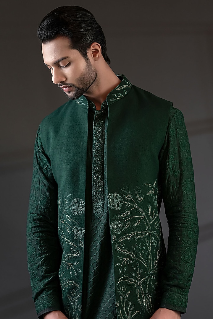 Bottle Green Matka Silk Embroidered Wedding Indowestern Set by Punit Arora at Pernia's Pop Up Shop